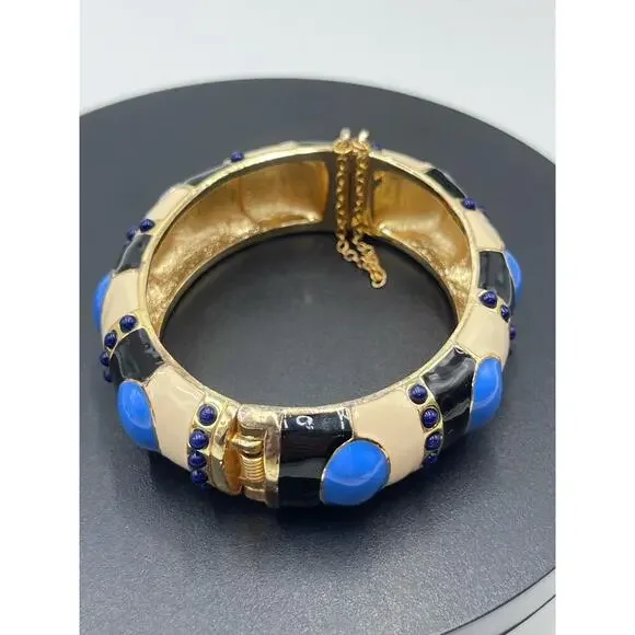 J. Crew Blue Enamel Tan Gold Tone Hinged Safety Chain Bangle Bracelet